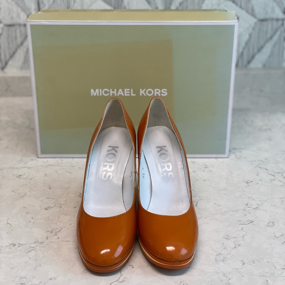 Michael Kors Cognac Patent Leather Wedge Pumps